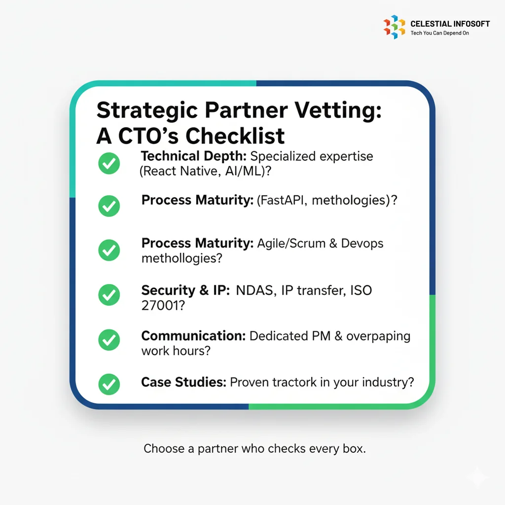 Checklist for strategic partner vetting, including technical specialization, process maturity, security standards, and case studies, for hiring dedicated developers