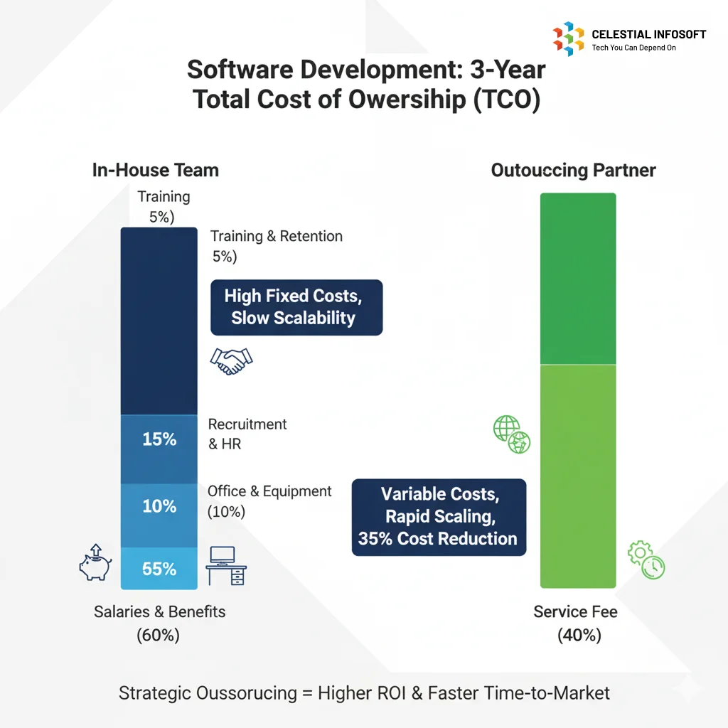 Infographic comparing the Total Cost of Ownership (TCO) for in-house versus outsourcing software development over a 3-year period, highlighting recruitment and fixed costs
