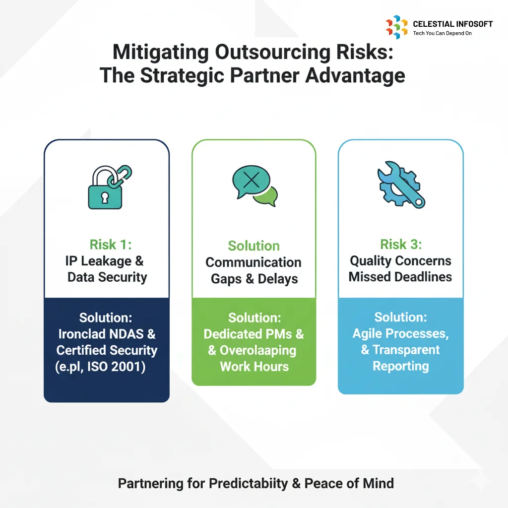 Shield graphic showing how a strategic outsourcing partner mitigates key risks: IP leakage, communication gaps, and missed deadlines through security protocols and Agile methodology