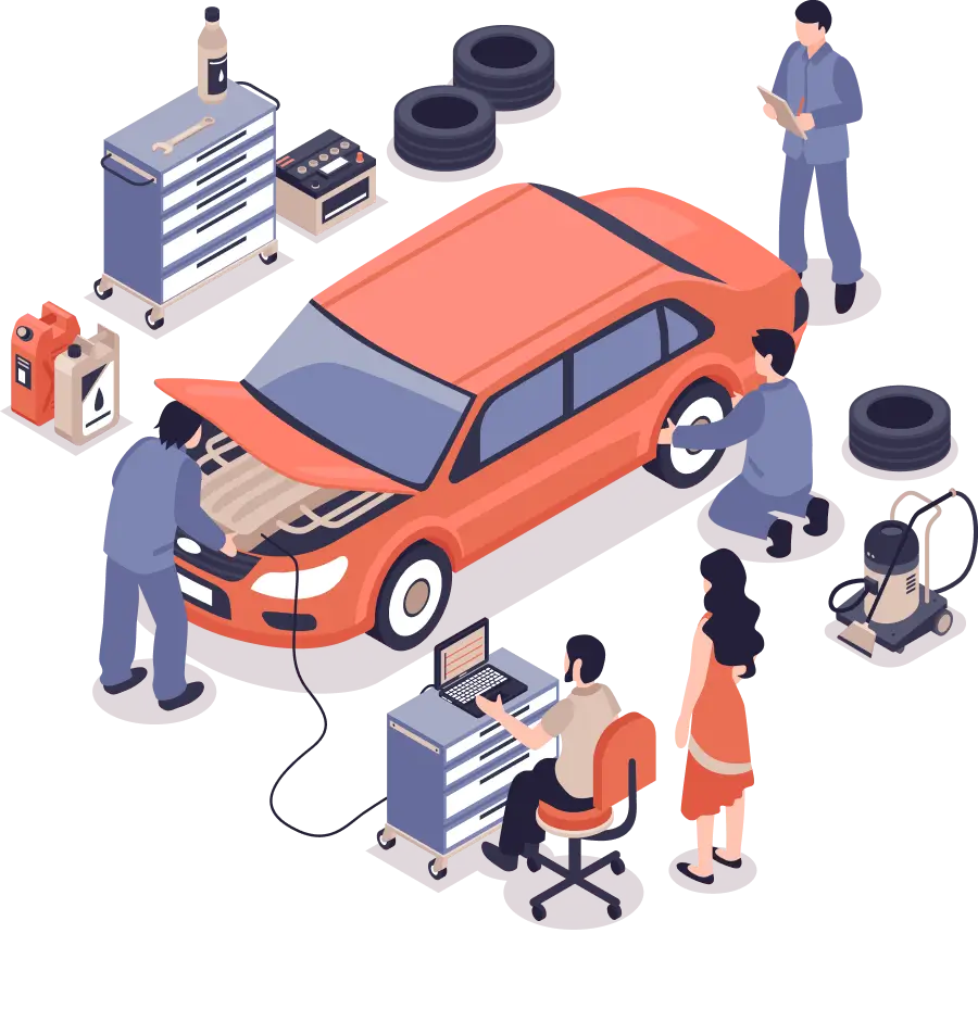 a group of people working on a car with car maintenance tracking software