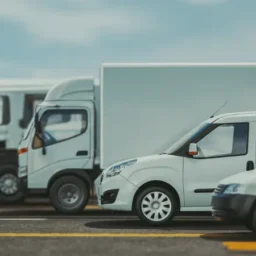 a row of trucks and commercial vehicles with fleet management software