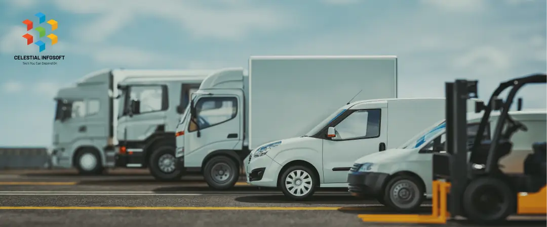 a row of trucks and commercial vehicles with fleet management software