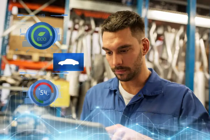 mechanic man with a tablet using automotive fleet maintenance software at a workshop