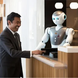 Ai robot helping customer at hotel