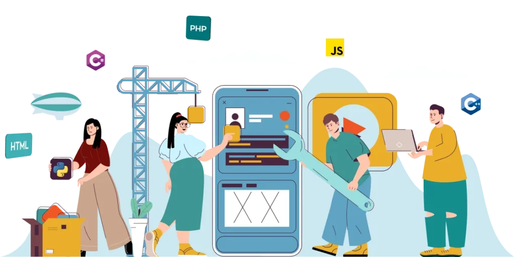 a man and woman working on app development project