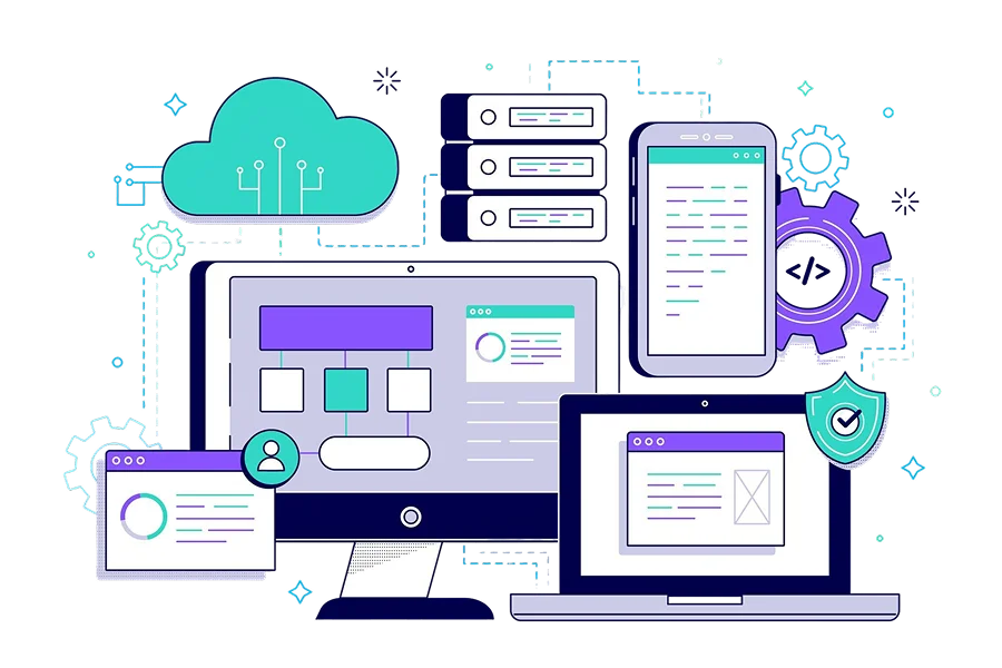 Illustration of software projects with code, desktop, mobile