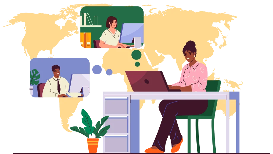 Illustration of a global remote team collaborating online, representing an offshore software development company