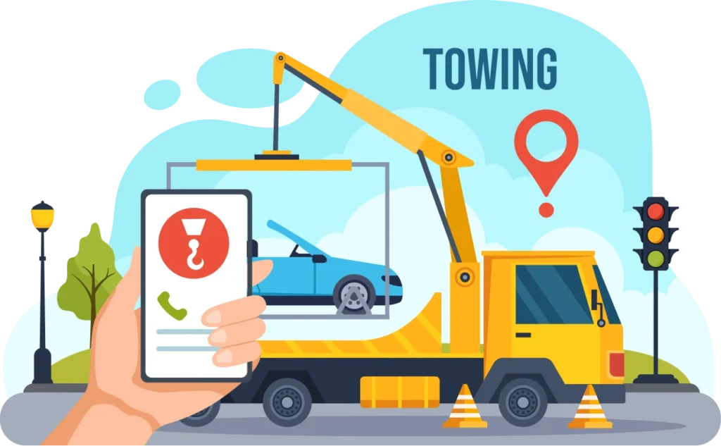 a hand holding a phone with a car in the back of a tow truck