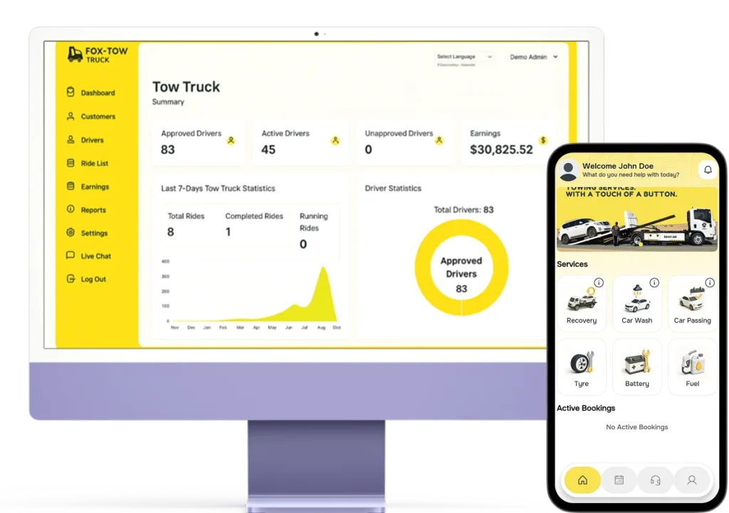 tow truck app and dashboard by Tow truck app development company​