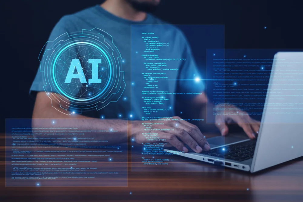 a ai developer working on laptop and Ai logo