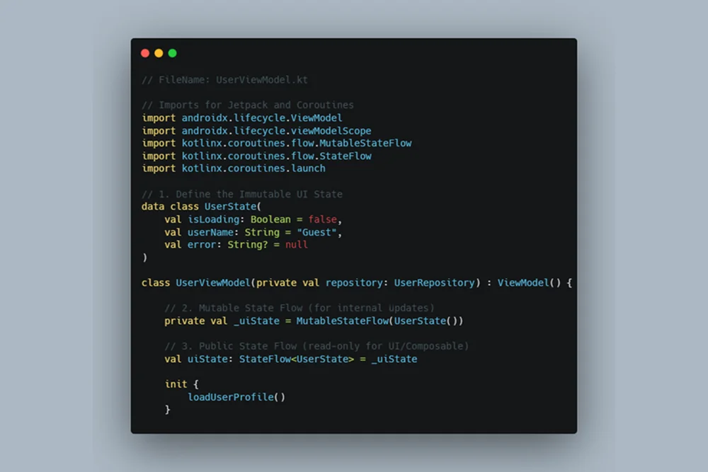 Screenshot of clean Kotlin code demonstrating modern MVVM state flow and Jetpack Compose architecture standards for Android