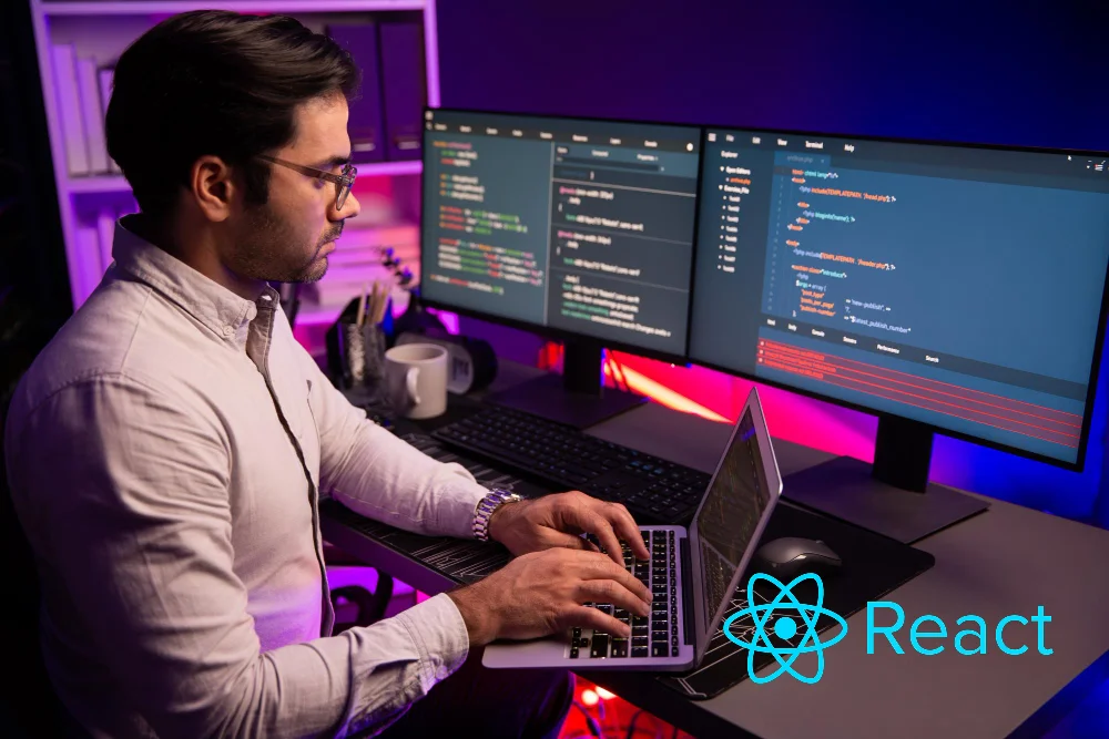 Professional coder working on a computer, building React web applications