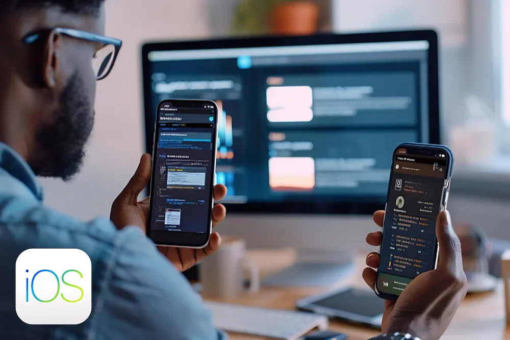ios app developer work on iphone and computer