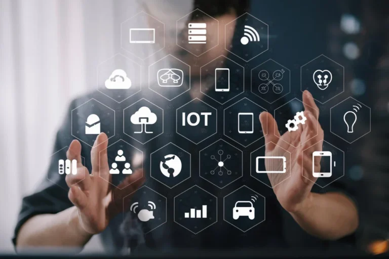 Futuristic IoT interface showing smart tech and cloud systems to hire IoT developers.