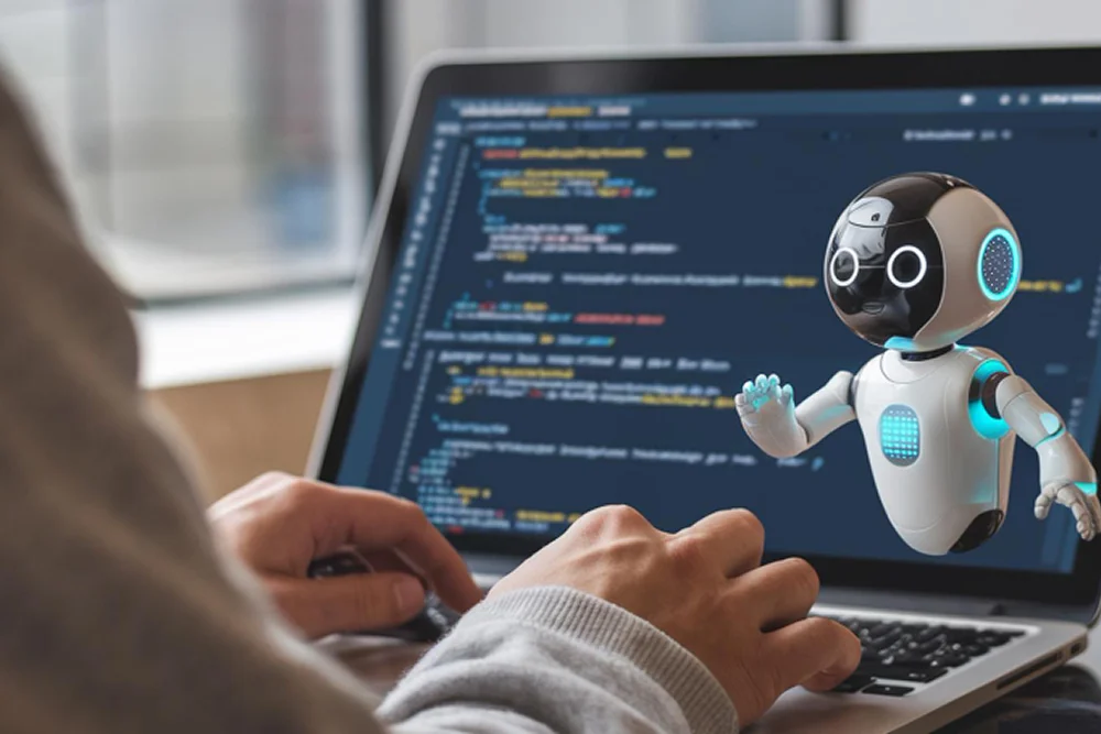 a ml developer working on laptop to train a robot