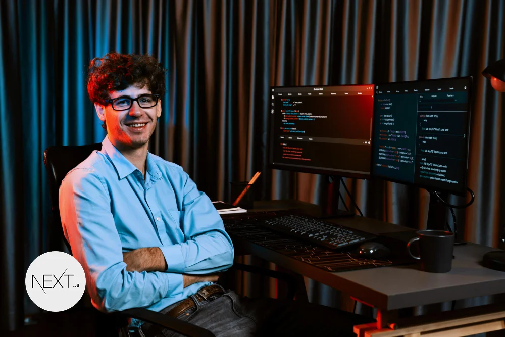 a nextjs developer with computer looking to us