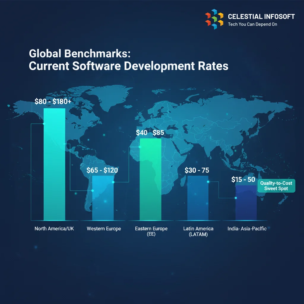 Bar chart infographic comparing current software development rates across five global regions: North America/UK ($80-$180+), Western Europe ($65-$120), Eastern Europe ($40-$85), Latin America ($30-$75), and India-Asia Pacific ($15-$50).
