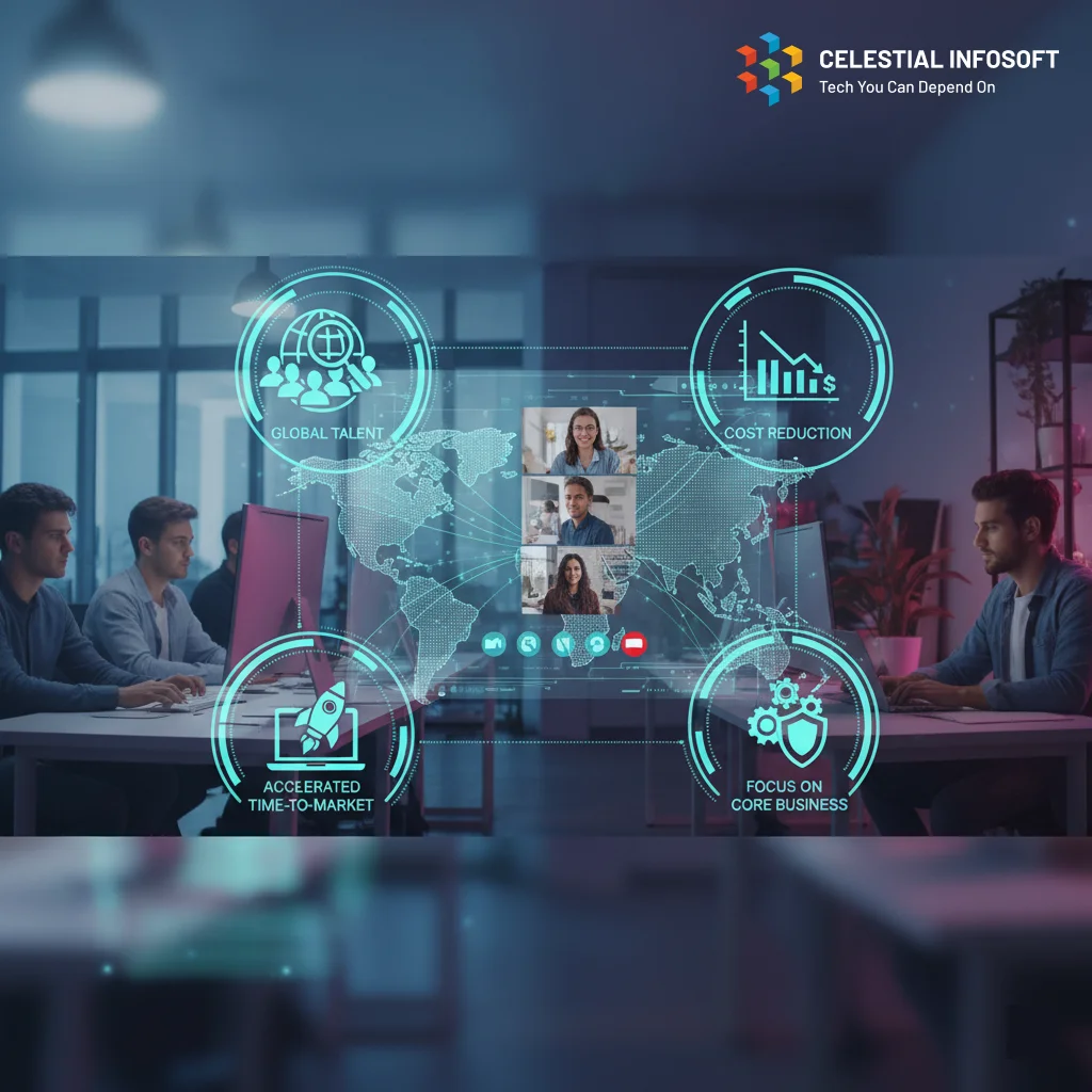 Diagram showing the strategic advantages of outsourcing, including reduced Time-to-Market, focus on Core Business, and access to Global Infrastructure, demonstrated by a team working in an office.