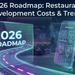 Futuristic 2026 roadmap banner for restaurant app development, featuring a smartphone with AI personalization, voice ordering, and driver app icons