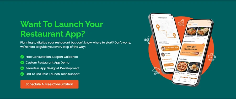 Promotional banner for Celestial Infosoft offering free consultation for restaurant app development, showing seamless app design and expert guidance.