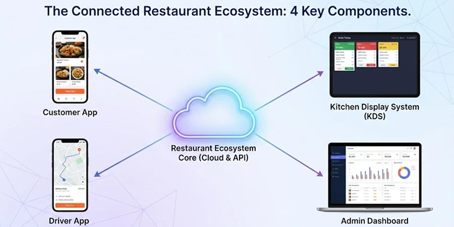Diagram showing a connected restaurant app ecosystem with 4 components: Customer App, Driver App, Kitchen Display System (KDS), and Admin Dashboard connected via Cloud API.