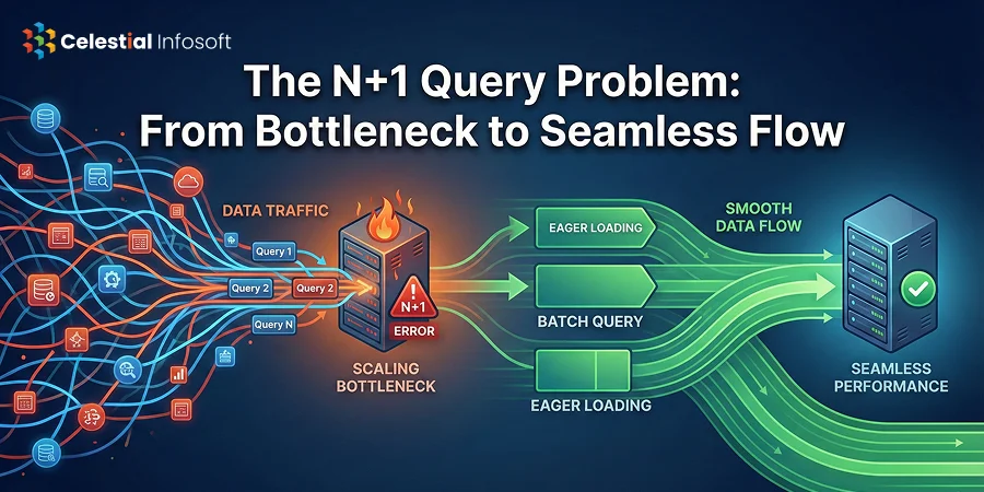 Illustration showing the difference between a database traffic jam (N+1 problem) and smooth data flow (Eager Loading) for scalable app architecture.